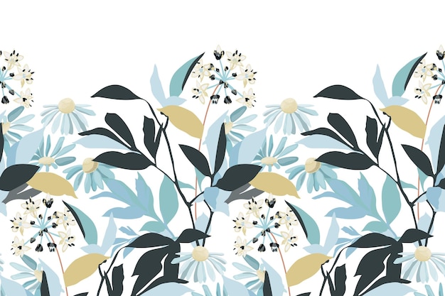 Vector floral seamless pattern border Horizontal panoramic illustration with meadow marsh flowers