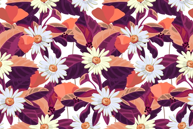 Vector floral seamless pattern Daisies orange and burgundy flowers and leaves