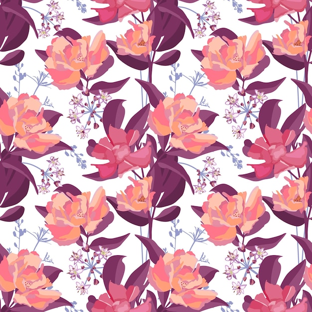 Vector floral seamless pattern. Design with garden flowers and herbs on a white background.