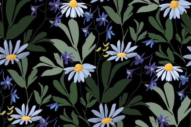 Vector floral seamless pattern. Design with wild and meadow flowers and herbs on a black background.