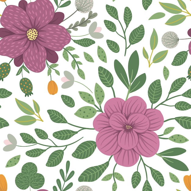 Vector floral seamless pattern. Flat trendy illustration with flowers, leaves, branches. Repeating pattern with meadow, woodland, forest plants.