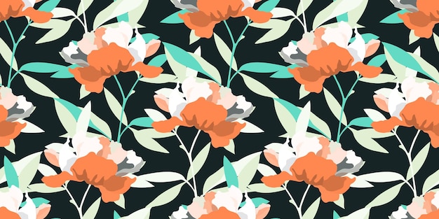 Vector floral seamless pattern Illustration with orange peonies on a dark background