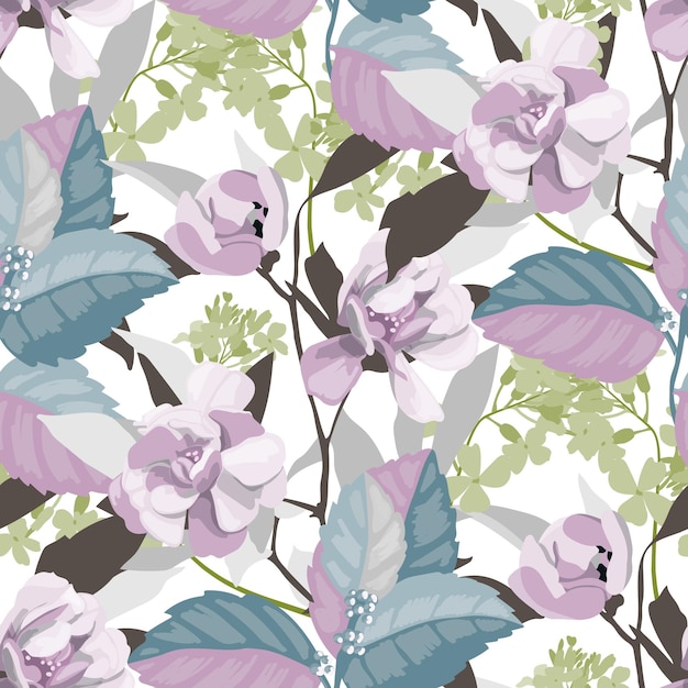 Vector floral seamless pattern in pastel colors. Pale lilac, light olive, pale turquoise flowers.