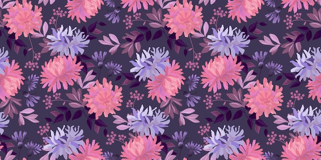 Vector floral seamless pattern Pink lilac and violet asters chrysanthemums and cornflowers