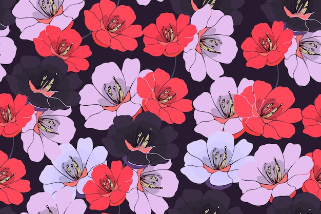 Vector floral seamless pattern Pink red dark purple flowers isolated on a dark purple background