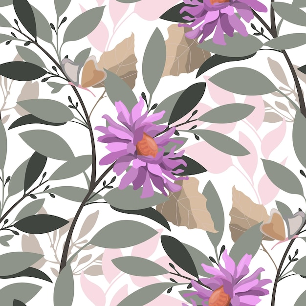 Vector floral seamless pattern. Purple flowers with gray and beige leaves on a white background.