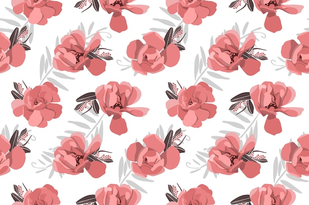 Vector floral seamless pattern Red coral color flowers and petals with gray twigs and leaves