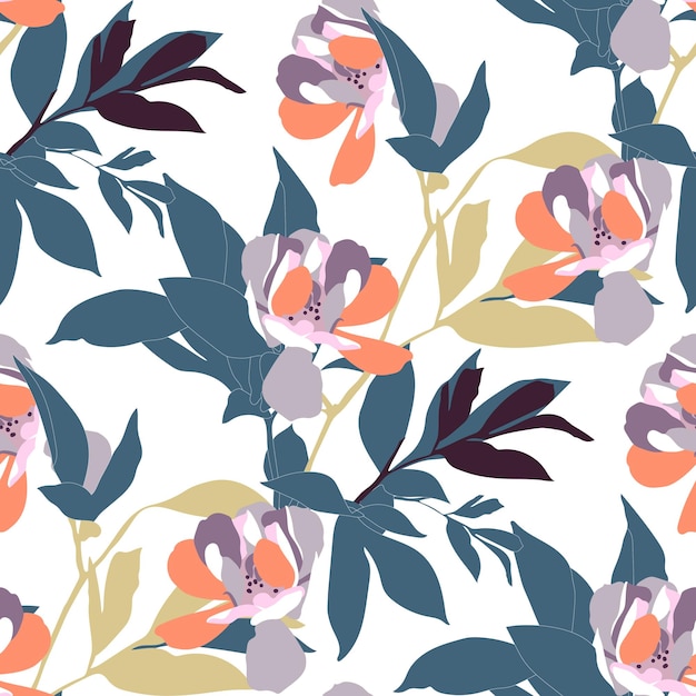 Vector floral seamless pattern. Simple design with twigs, leaves and flowers. Floral illustration.