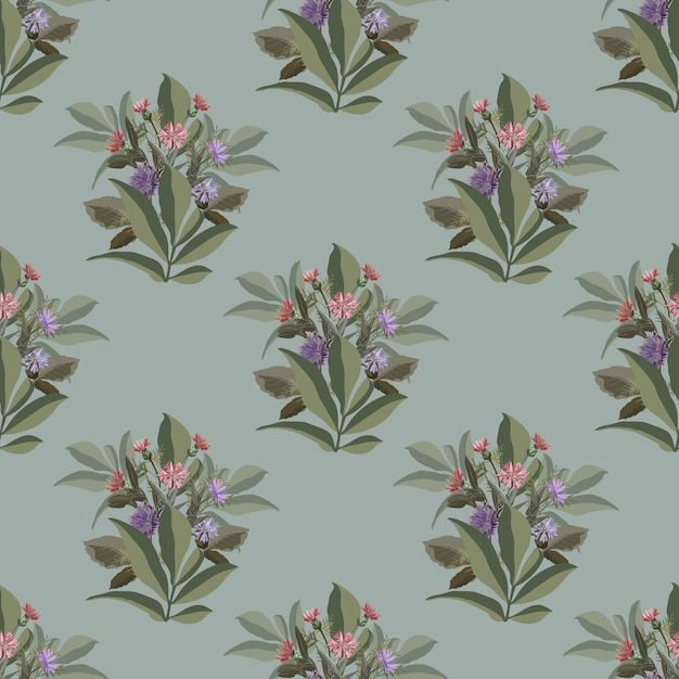 Vector floral seamless pattern. Small bouquets with cornflowers and green leaves.