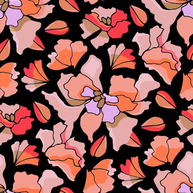 Vector floral seamless pattern. Stylized abstract flowers on a black background. Floral design.