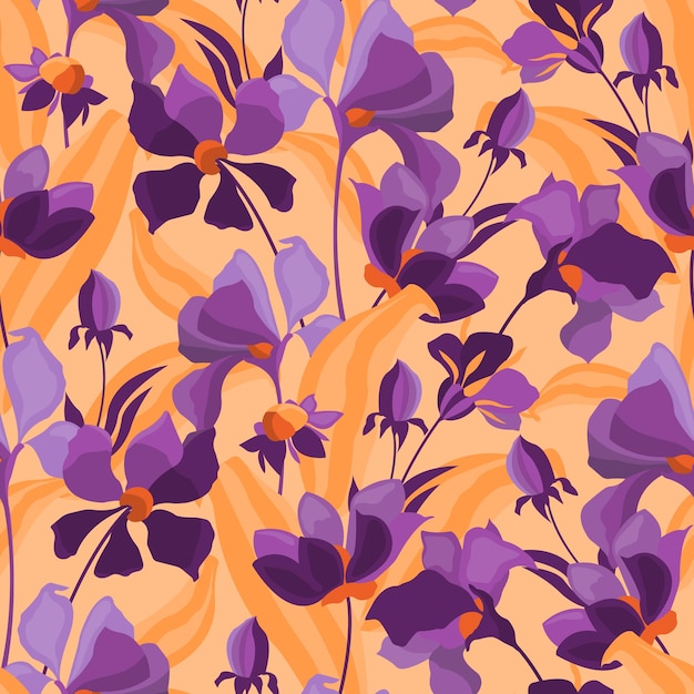 Vector floral seamless pattern Violet and lilac flowers isolated on an orange background