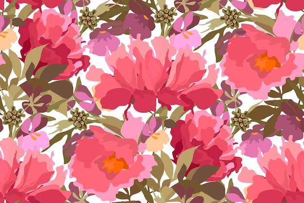 Vector floral seamless pattern with garden flowers. Illustration with red, pink, coral color peonies