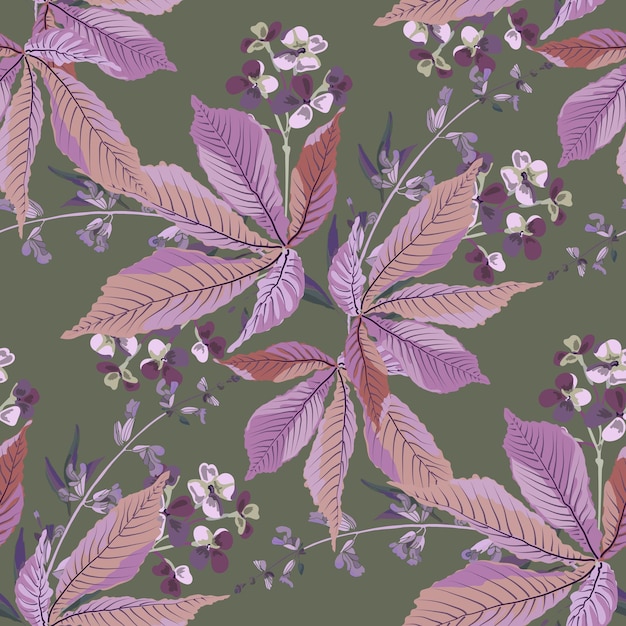 Vector floral seamless pattern with leaves and small flowers on a khaki colored background.