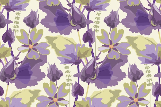 Vector floral seamless pattern with mallows. Purple flowers, olive-colored leaves.