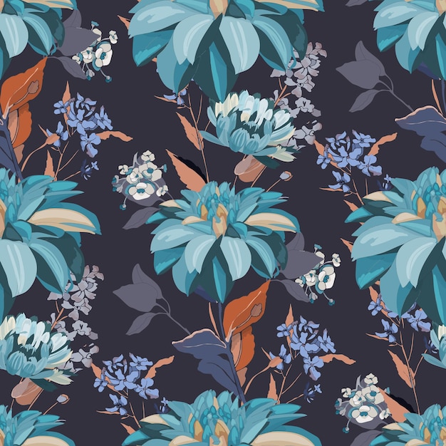 Vector floral seamless pattern with turquoise dahlias on a graphite background.