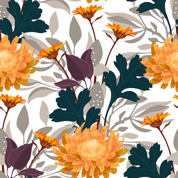 Vector floral seamless pattern. Yellow chrysanthemums on a white background. Floral design.