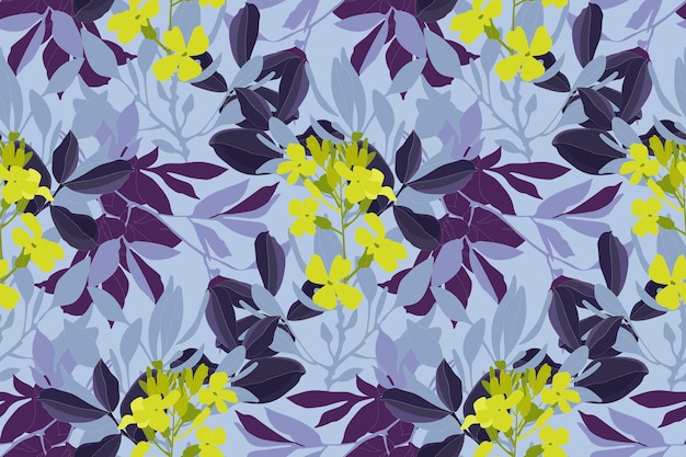 Vector floral seamless pattern Yellow flowers and purple leaves on a blue background