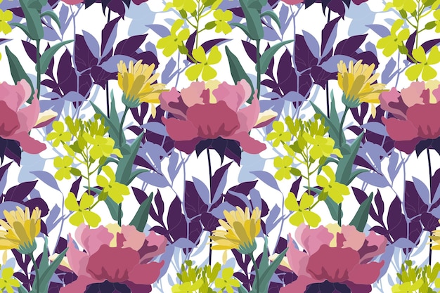 Vector floral seamless pattern Yellow and pink flowers green blue purple leaves twigs herbs