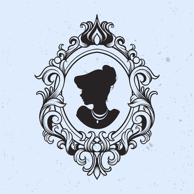 Vector floral vintage frame with girl silhouette