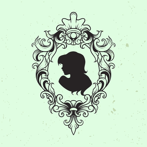 Vector floral vintage frame with girl silhouette