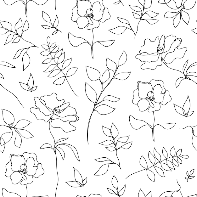 Vector flower linear seamless background roses and leaves line pattern hand drawn style Monoline doodle