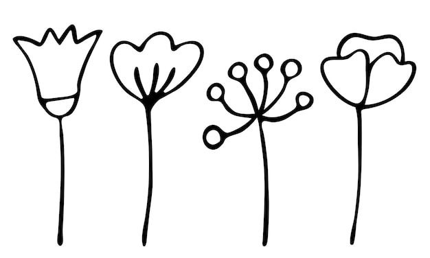 Vector flowers and buds set in doodle stylehanddrawn black and white outline illustration