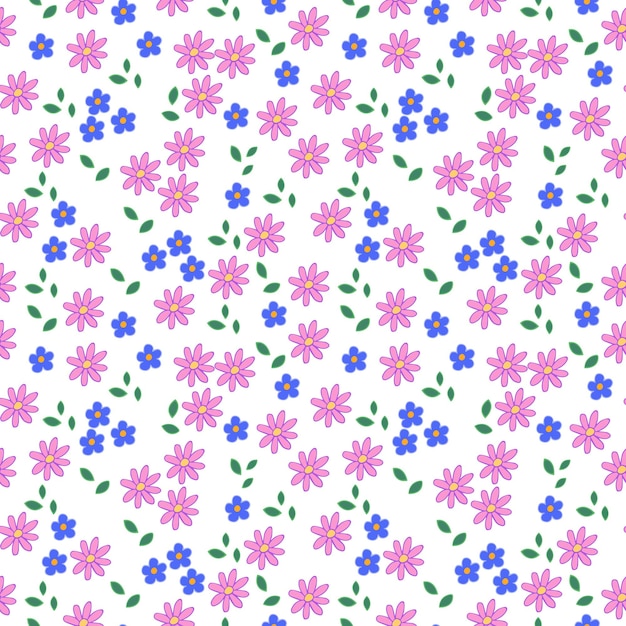 Vector flowers and leaves in cartoon style seamless pattern