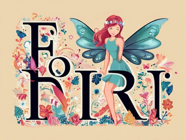 Vector Font design for word fairy enchantment with fairy flying isolated