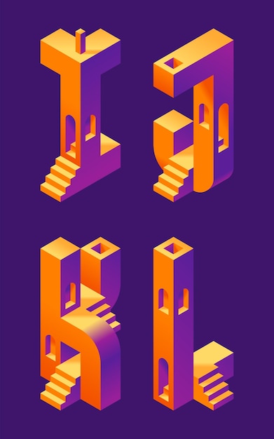 Vector font set made in 3d isometric shape with stairs and windows