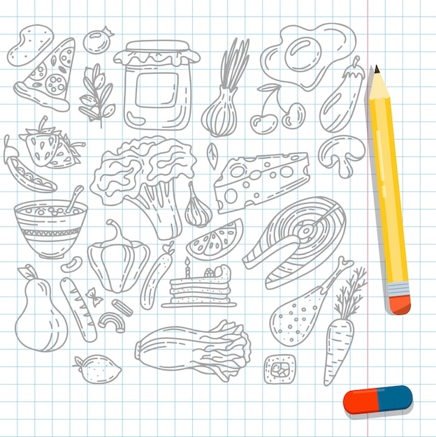 Vector food doodle icons hand made line art set menu restaurant sketch illustration of healthy food