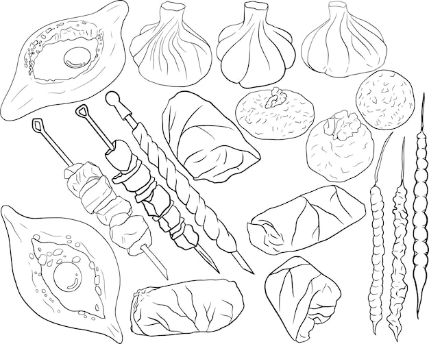 Vector food sketch Georgian national traditional kitchen Georgian cuisine