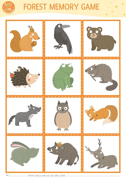 Vector forest animals and birds memory game cards with squirrel raven bear Woodland matching activity Remember and find correct card Simple printable worksheet for kids with fox wolfxA