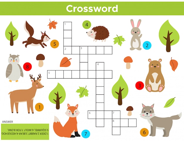 Vector Forest Animals Crossword in English. 