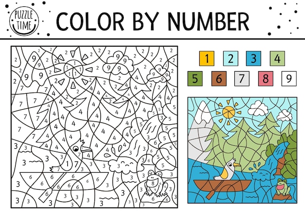 Vector forest color by number activity with trees mountains river waterfall and bird in a boat Summer road trip coloring and counting game Funny coloration page for kids with nature scene xA