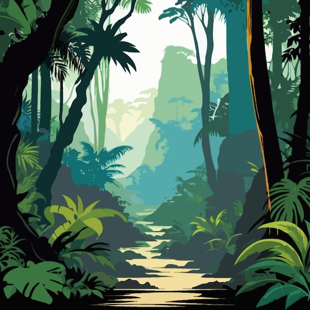 Vector vector of a forest with a river and a forest with a waterfall in the background