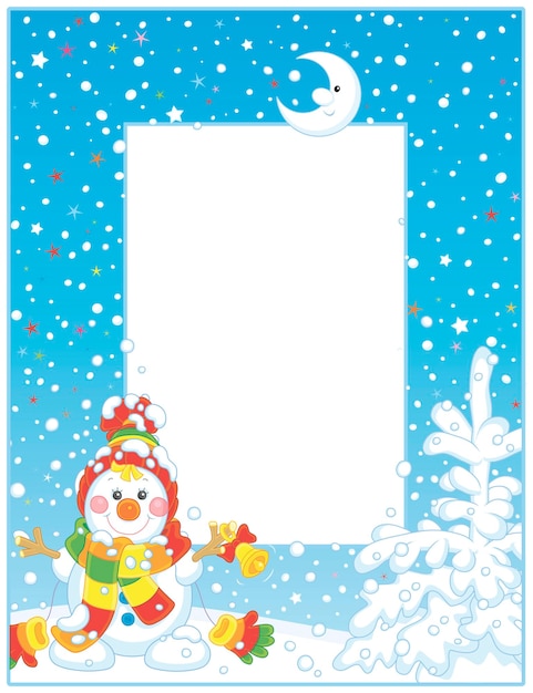 Vector frame border with a cute little snowman ringing a small bell on a snowy Christmas night