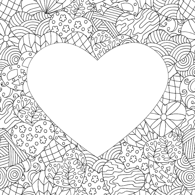 Vector frame of hand-drawn abstract hearts, coloring page for children and adults