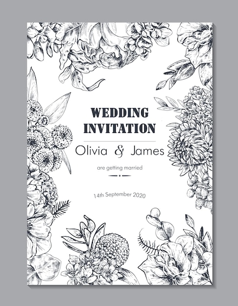 Vector frame with beautiful hand drawn flowers in graphic sketch style Template for wedding invitation greeting card