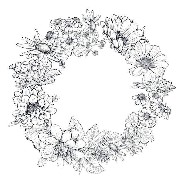 Vector frame with herb and wildflower elements arranged on a shape of the wreath