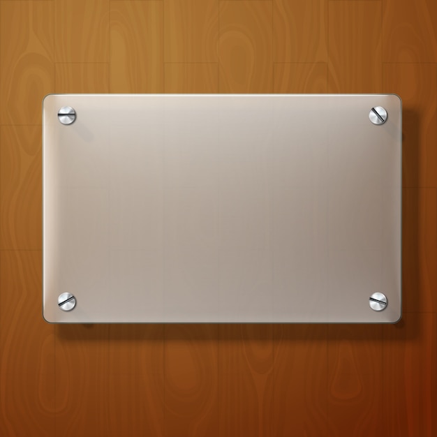 Vector frosted glass plate for your signs, on wooden.