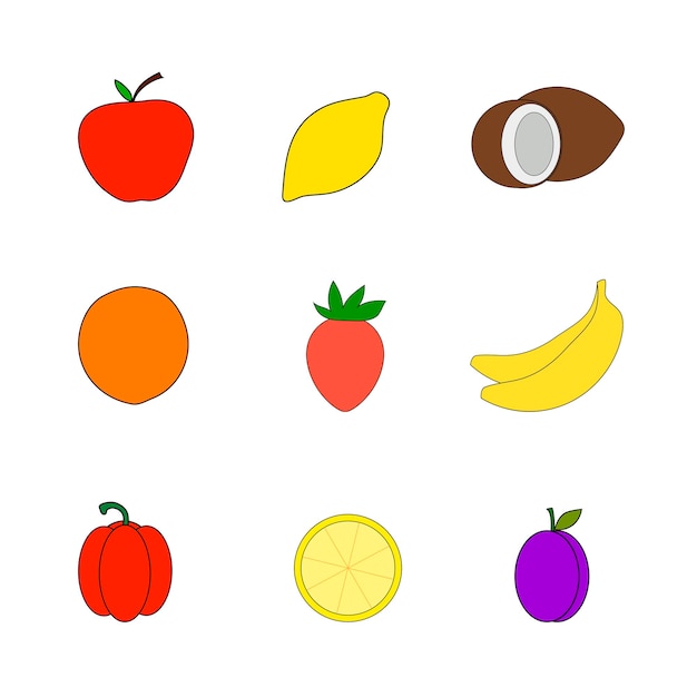 Vector Fruit Icons Set Isolated on White Background Bright Colors Simple Minimal