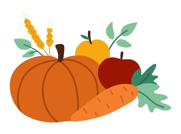 Vector fruit and vegetable arrangement Cute horizontal set with apples pumpkin and carrot Autumn garden composition clipart Fall season harvest icon isolated on white background