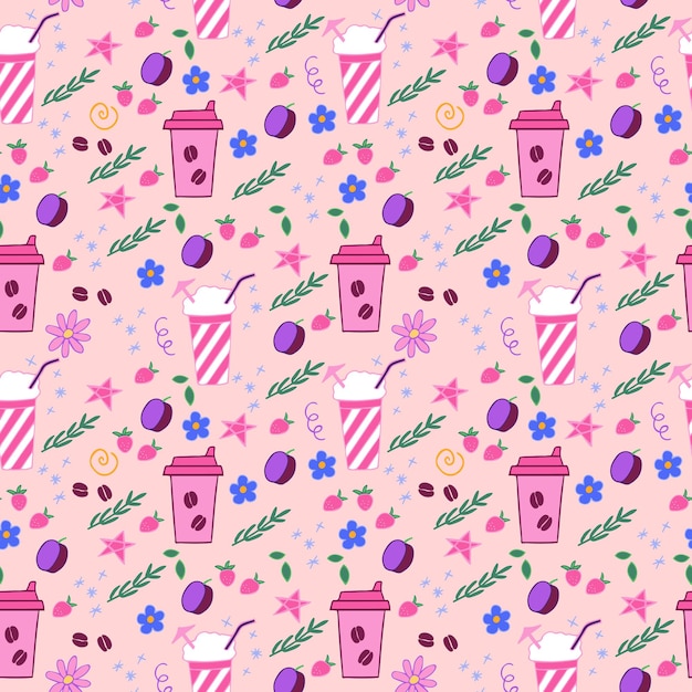 Vector fruits, beverages, flowers, stars and decorative elements in cartoon style seamless pattern