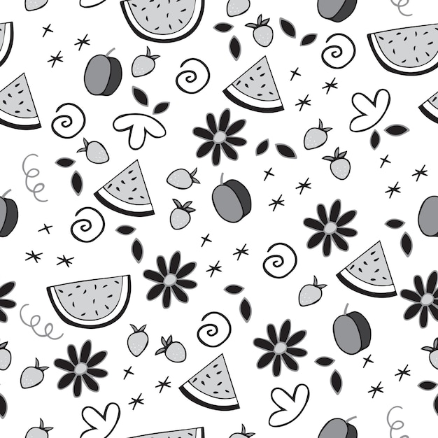 Vector fruits, flowers, stars and decorative elements black and white seamless pattern