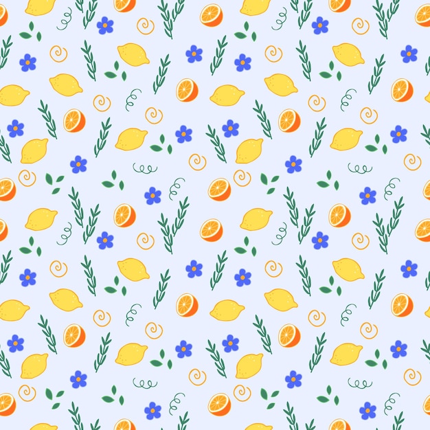 Vector fruits, flowers, stars and decorative elements in cartoon style seamless pattern