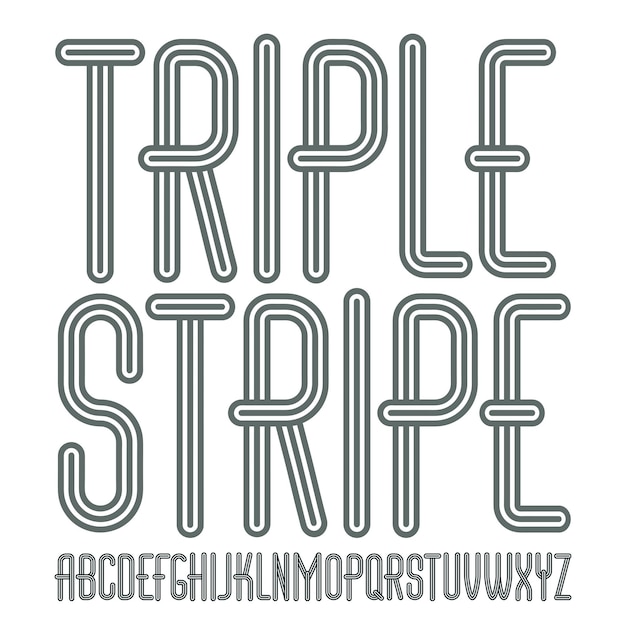 Vector funky capital English alphabet letters collection. Cool condensed font, script from a to z can be used in poster art. Created using geometric triple stripes.