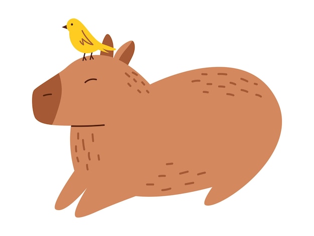 Vector vector funny capybara in flat design amusing capibara character with yellow bird on the head south american adorable animal cute capybara