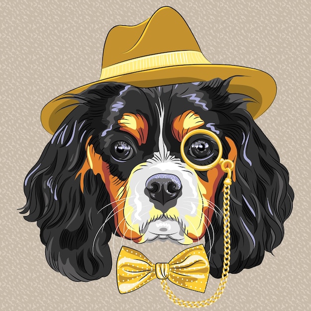 Vector funny cartoon hipster dog King Charles Spaniel