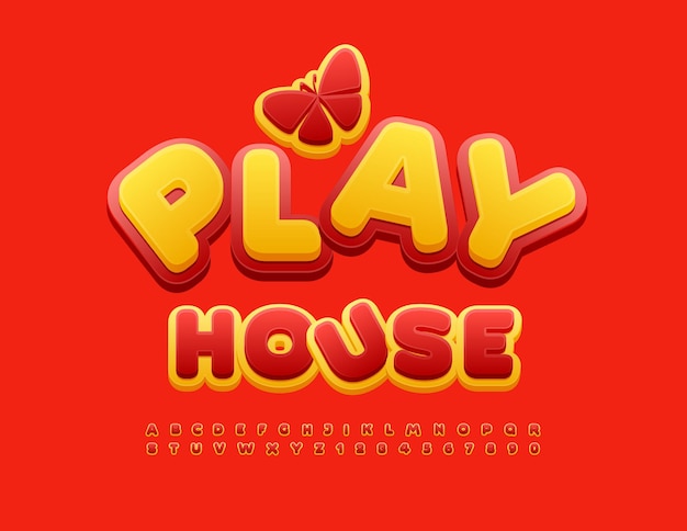 Vector funny emblem Play House with decorative butterfly. Red and Yellow Font. Bright Kids Alphabet