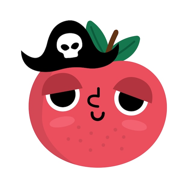 Vector funny kawaii apple icon Pirate fruit illustration Comic plant fruit with eyes pirate hat and mouth isolated on white background Healthy summer garden food clipart